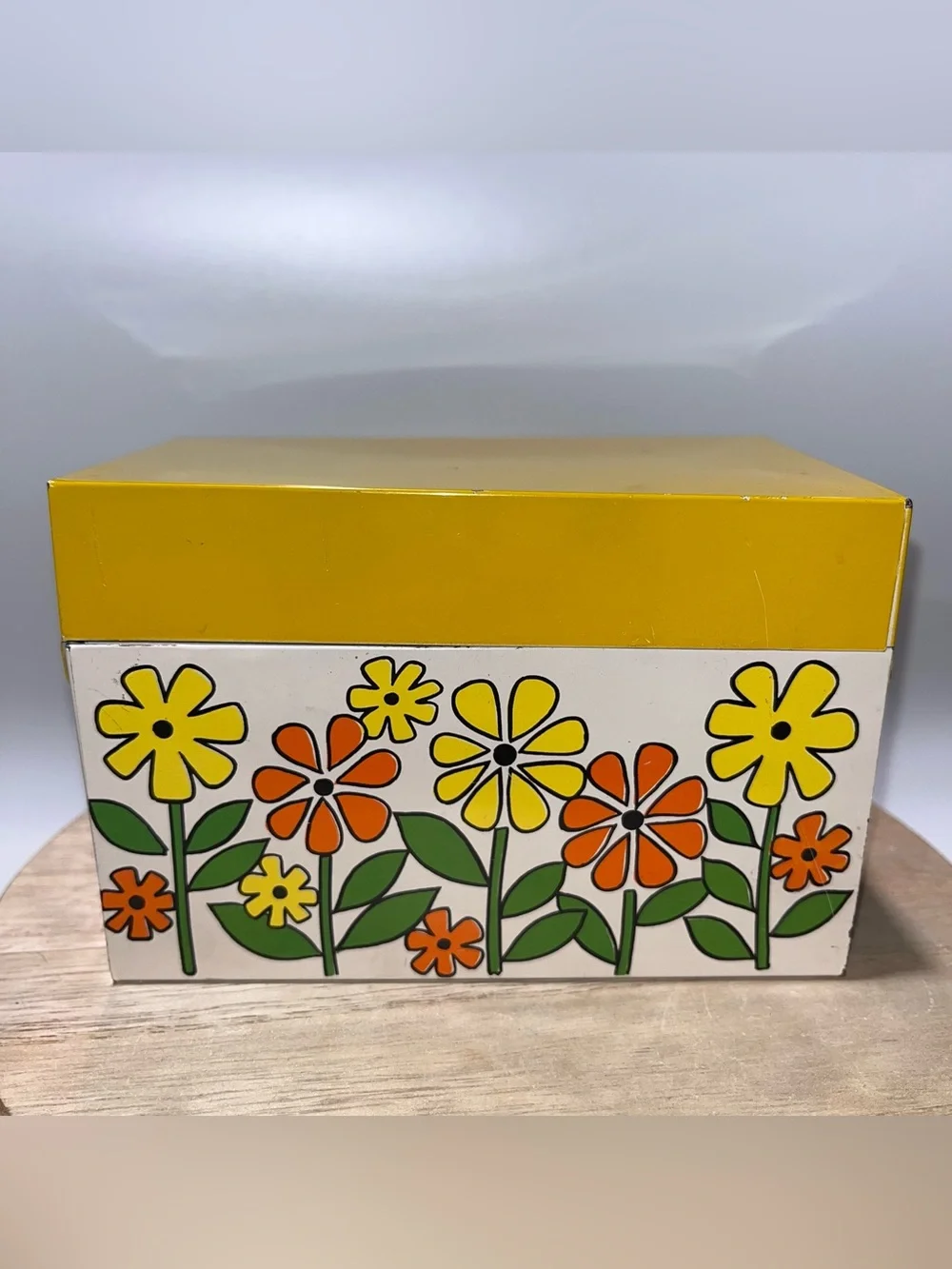 Rare Vtg Otagiri Stamped OMC Japan Metal Recipe Tin Mod MCM Yellow Flower Power